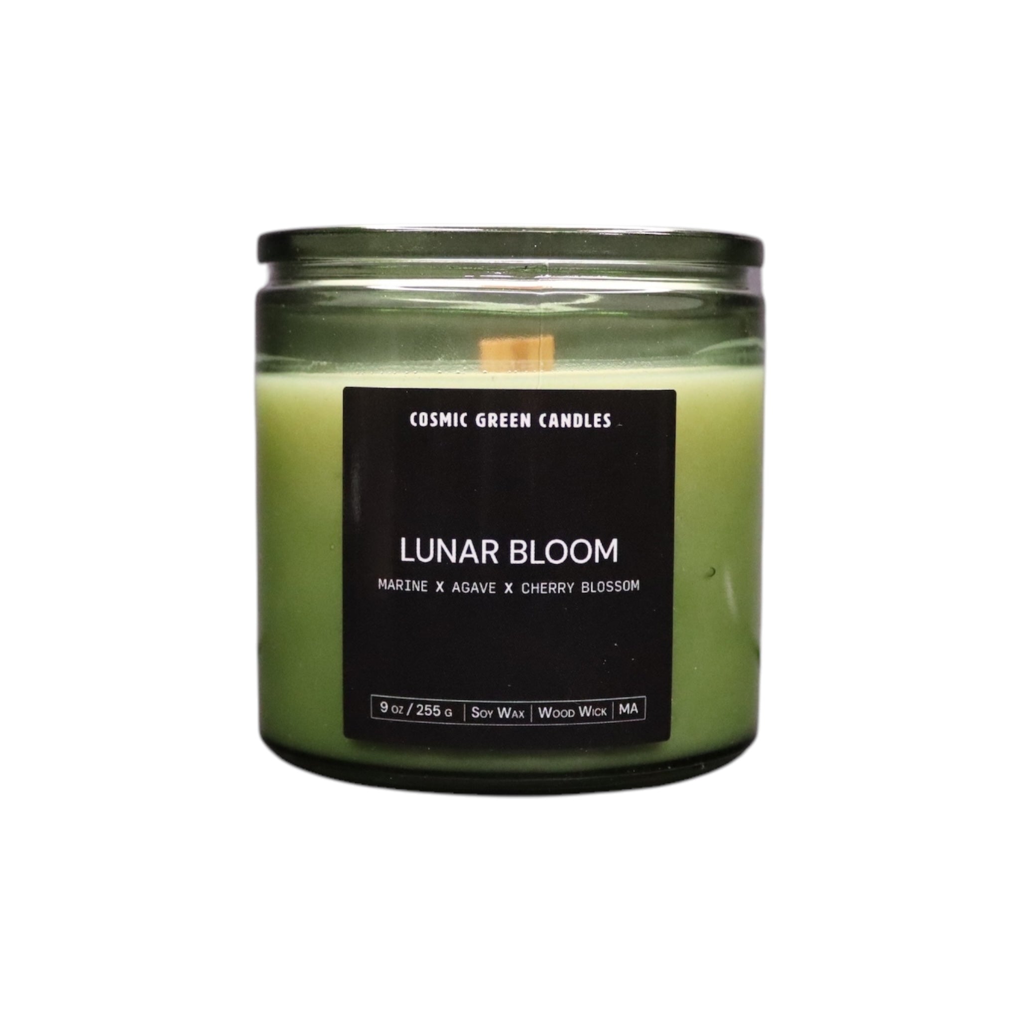 Lunar Bloom soy candle with a moonlit floral fragrance, handcrafted by a sustainable small business.